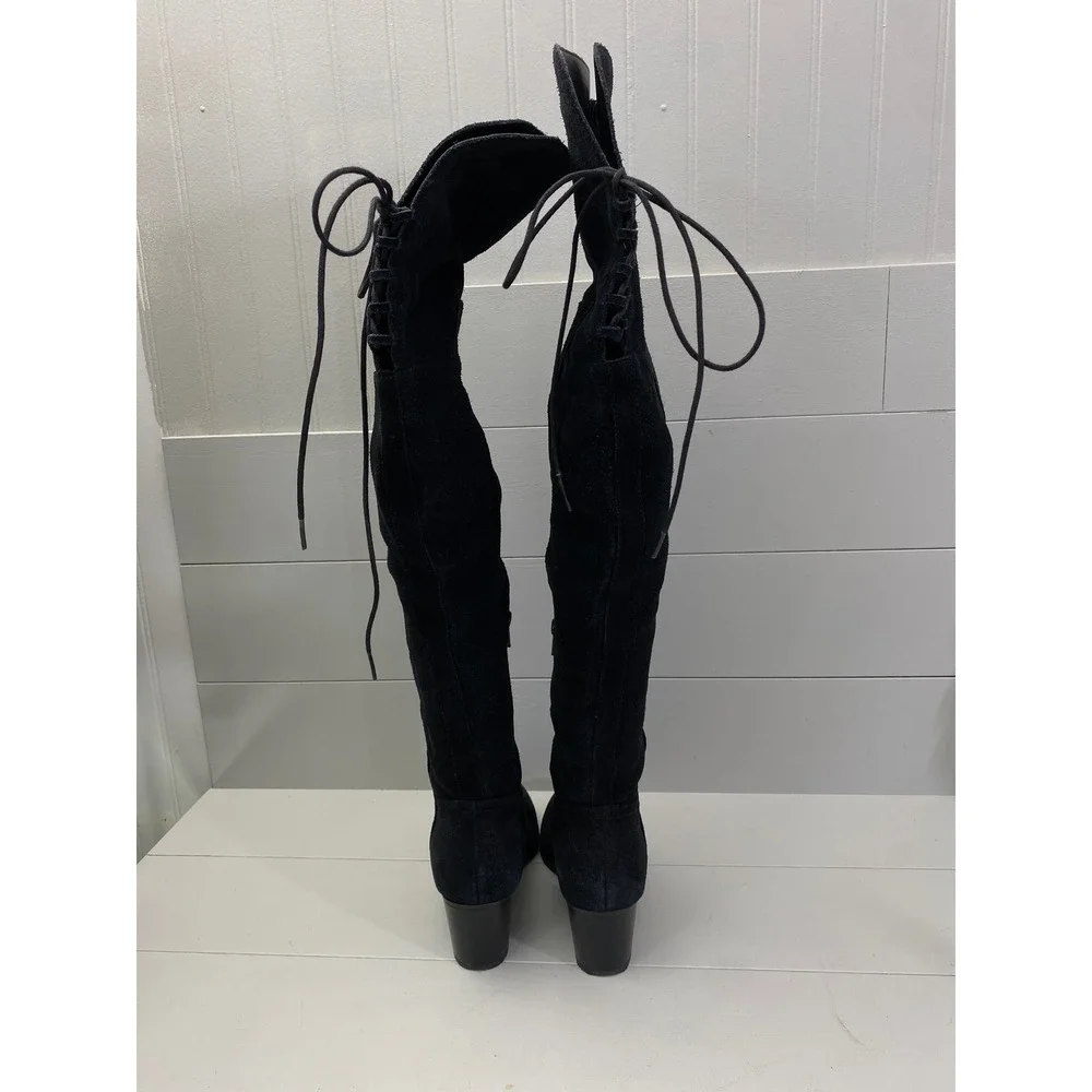 Aldo Suede Over The Knee Boots Women Size 8 Black Lace Up Block Heel OTK